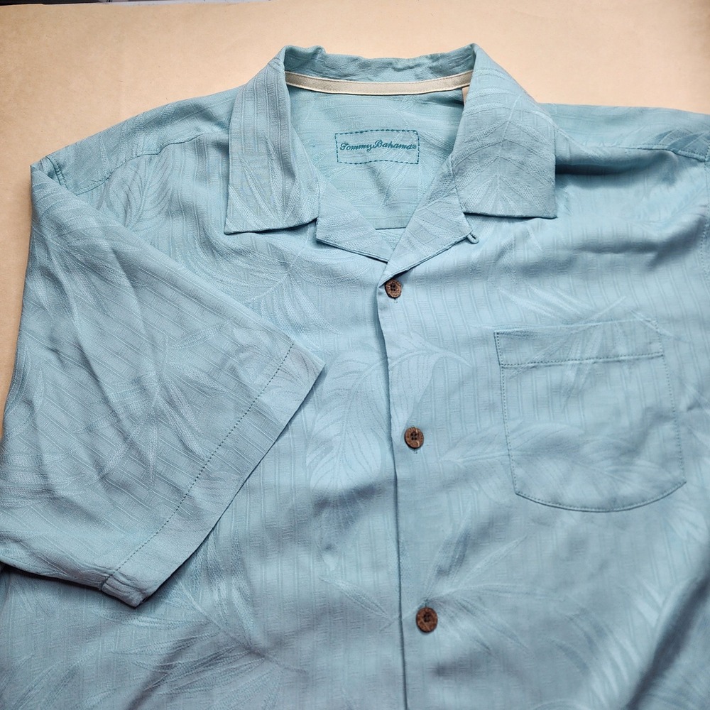 Tommy Bahama Mens Silk Hawaiian Shirt Palm Leaf Print Short Sleeve‎  Aqua